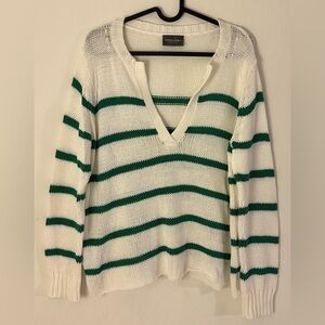 Wooden Ships Margot Stripe Cotton V-neck Sweater - White/Green S/M